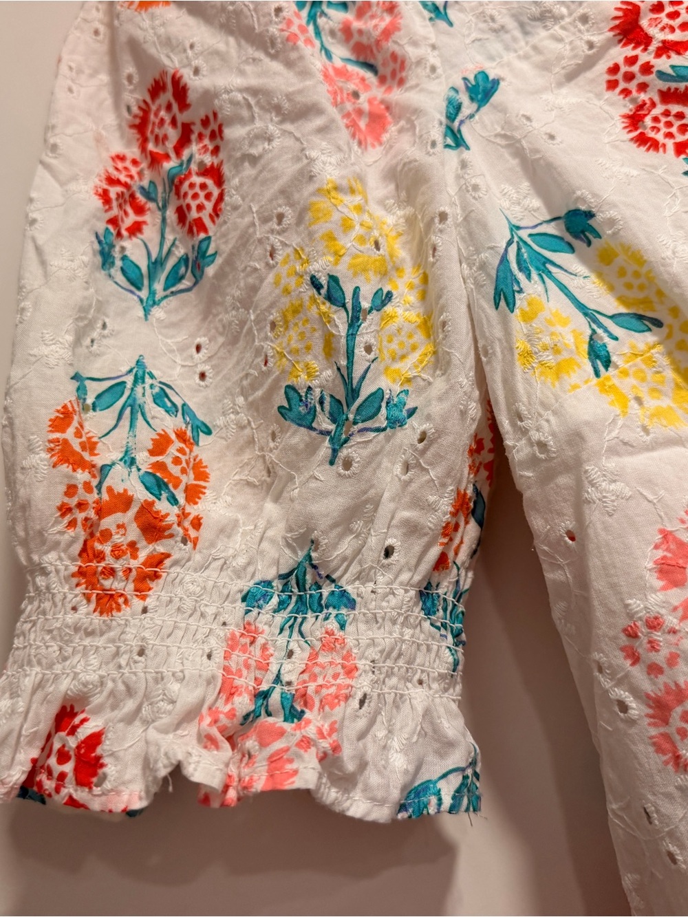 Eyelet Puff Sleeve Floral Square Neck Top - White with Multi Floral - Picture 4 of 7